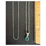 Italy 925 Sterling Silver Green Stone Pendant Necklace 15.5in
