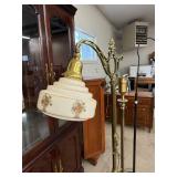 Antique Style Brass Bridge Floor Lamp Floral Glass Shade Ornate Base