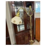 Antique Style Brass Bridge Floor Lamp Floral Glass Shade Ornate Base