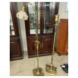 Antique Style Brass Bridge Floor Lamp Floral Glass Shade Ornate Base