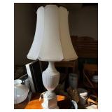 Vintage White Milk Glass Urn Table Lamp w Scalloped Shade