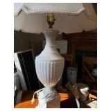 Vintage White Milk Glass Urn Table Lamp w Scalloped Shade