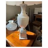 Vintage White Milk Glass Urn Table Lamp w Scalloped Shade
