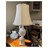 Vintage White Milk Glass Urn Table Lamp w Scalloped Shade