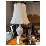 Vintage White Milk Glass Urn Table Lamp w Scalloped Shade