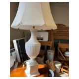 Vintage White Milk Glass Urn Table Lamp w Scalloped Shade