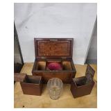 Antique Carved Wooden Tea Caddies with Beaded Trim and Glass Center Dish