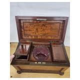 Antique Carved Wooden Tea Caddies with Beaded Trim and Glass Center Dish