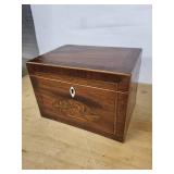 Antique Inlaid Wood Tea Caddy with Locking Lid and Two Front Drawers
