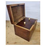 Antique Inlaid Wood Tea Caddy with Locking Lid and Two Front Drawers