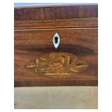 Antique Inlaid Wood Tea Caddy with Locking Lid and Two Front Drawers