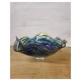 Murano-Style Handblown Glass Bowl Signed By Artist Dylan Martinez- Swirled Blue, Green & Yellow with Ruffled Edge