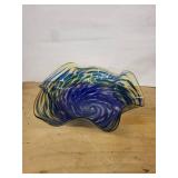 Murano-Style Handblown Glass Bowl Signed By Artist Dylan Martinez- Swirled Blue, Green & Yellow with Ruffled Edge