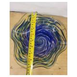 Murano-Style Handblown Glass Bowl Signed By Artist Dylan Martinez- Swirled Blue, Green & Yellow with Ruffled Edge