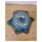 Murano-Style Handblown Glass Bowl Signed By Artist Dylan Martinez- Swirled Blue, Green & Yellow with Ruffled Edge