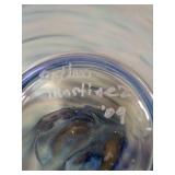 Murano-Style Handblown Glass Bowl Signed By Artist Dylan Martinez- Swirled Blue, Green & Yellow with Ruffled Edge
