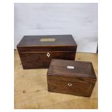 Antique Walnut Tea Caddies Set (Lot of 2) - Brass Hardware & Red Velvet Interiors