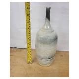 Handmade Ceramic Bottle Vase with Narrow Neck - White-Blue Glaze, Signed Base