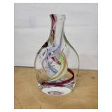 Murano-Style Hand Blown Glass Vase by Robert L. Hamon with Multicolor Swirls, Tall Narrow Neck