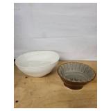 Two Ceramic Jelly Molds - White Glazed Large Bowl & Brown Scalloped Pedestal Bowl (Lot of 2)