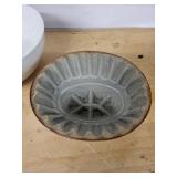 Two Ceramic Jelly Molds - White Glazed Large Bowl & Brown Scalloped Pedestal Bowl (Lot of 2)
