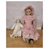 Two Vintage Porcelain Head Dolls with Cloth Bodies - Pink Floral Dress and Ivory Lace (Lot of 2)