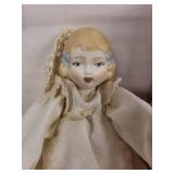 Two Vintage Porcelain Head Dolls with Cloth Bodies - Pink Floral Dress and Ivory Lace (Lot of 2)