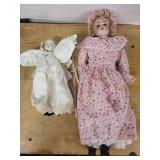 Two Vintage Porcelain Head Dolls with Cloth Bodies - Pink Floral Dress and Ivory Lace (Lot of 2)