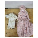 Two Vintage Porcelain Head Dolls with Cloth Bodies - Pink Floral Dress and Ivory Lace (Lot of 2)