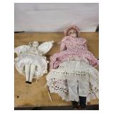 Two Vintage Porcelain Head Dolls with Cloth Bodies - Pink Floral Dress and Ivory Lace (Lot of 2)