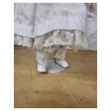 Antique German Porcelain Doll with Brown Hair in White Lace Dress marked Gebruder