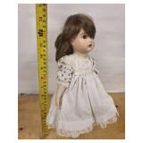 Antique German Porcelain Doll with Brown Hair in White Lace Dress marked Gebruder