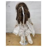 Antique German Porcelain Doll with Brown Hair in White Lace Dress marked Gebruder