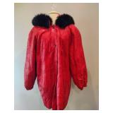 Ladies Red Faux Leather Winter Coat w/Hood (L)