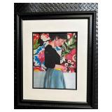 Framed Painting: Woman in Dark Dress with Floral Background - Beaded Border Frame
