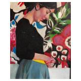 Framed Painting: Woman in Dark Dress with Floral Background - Beaded Border Frame