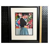 Framed Painting: Woman in Dark Dress with Floral Background - Beaded Border Frame