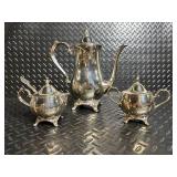 Silver-Plated Tea Service Set - Coffee Pot, Teapot, Sugar Bowl with Lid, Creamer & Sugar Tongs