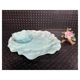 Turquoise Shell-Shaped Ceramic Plate with Nested Flower Dish on Wood Base