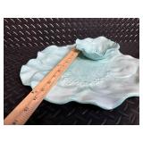 Turquoise Shell-Shaped Ceramic Plate with Nested Flower Dish on Wood Base