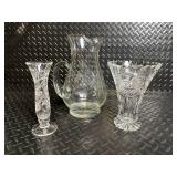 Crystal Glassware Pitcher with Etched Floral Motif and Cut-Glass Pieces (Lot of 3)