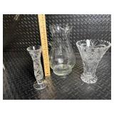 Crystal Glassware Pitcher with Etched Floral Motif and Cut-Glass Pieces (Lot of 3)