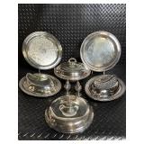Assorted Silver Plate Serving Pieces - 2 Large Engraved Trays with Lidded Dishes & Small Lidded