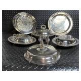 Assorted Silver Plate Serving Pieces - 2 Large Engraved Trays with Lidded Dishes & Small Lidded