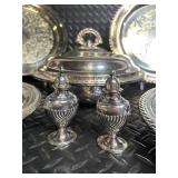 Assorted Silver Plate Serving Pieces - 2 Large Engraved Trays with Lidded Dishes & Small Lidded