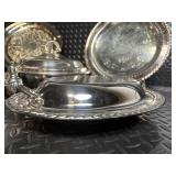 Assorted Silver Plate Serving Pieces - 2 Large Engraved Trays with Lidded Dishes & Small Lidded