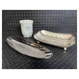 Hammered Silver-Plate Vase with Glass Insert & Matching Trays (Lot of 3)