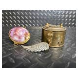 Vintage Pink Cameo Locket - Angel Wing Brooch - Brass Cylindrical Case (Lot of 3)