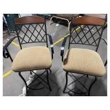 Pair of Black Metal Dining Chairs with Diamond Lattice Back and Wood Top Rails