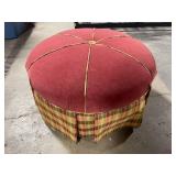 Round Velvet Ottoman with Cross-Lattice Top Straps and Plaid Tapestry Skirt